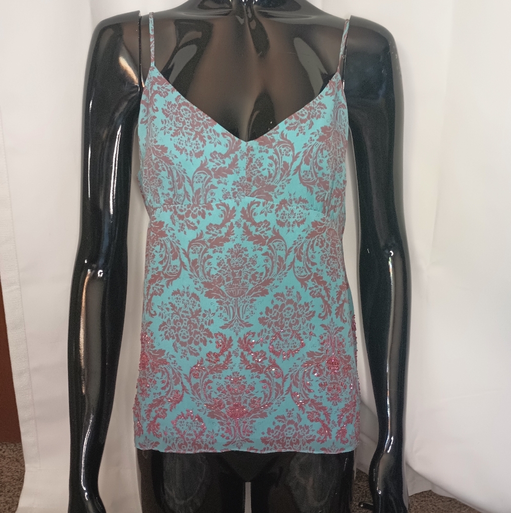 INC International Concepts Y2K Silk Babydoll Camisole 14 Blue Pink Beaded Fairy